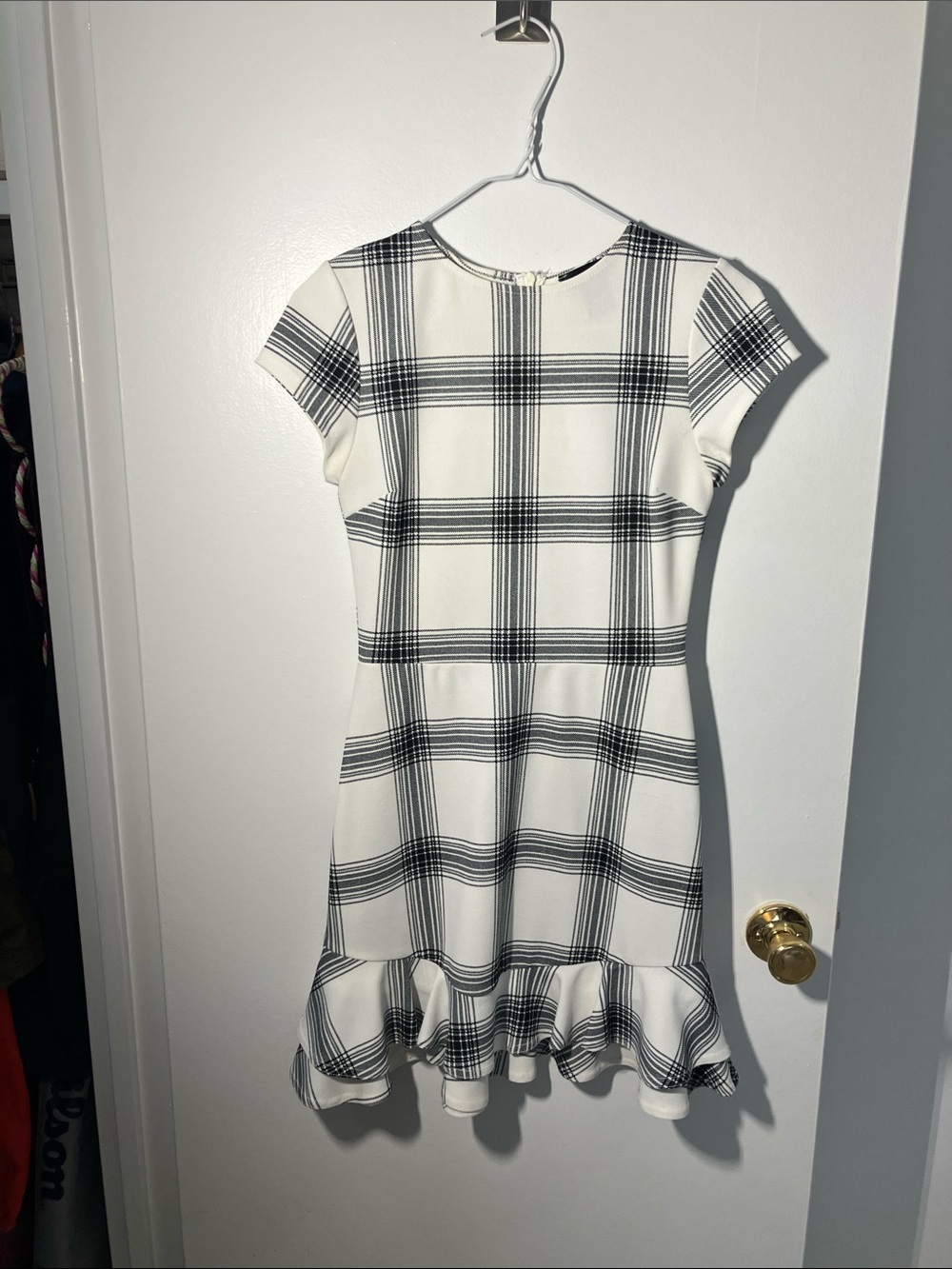 Aqua Black and White Plaid Ruffle-Hem Casual Dress